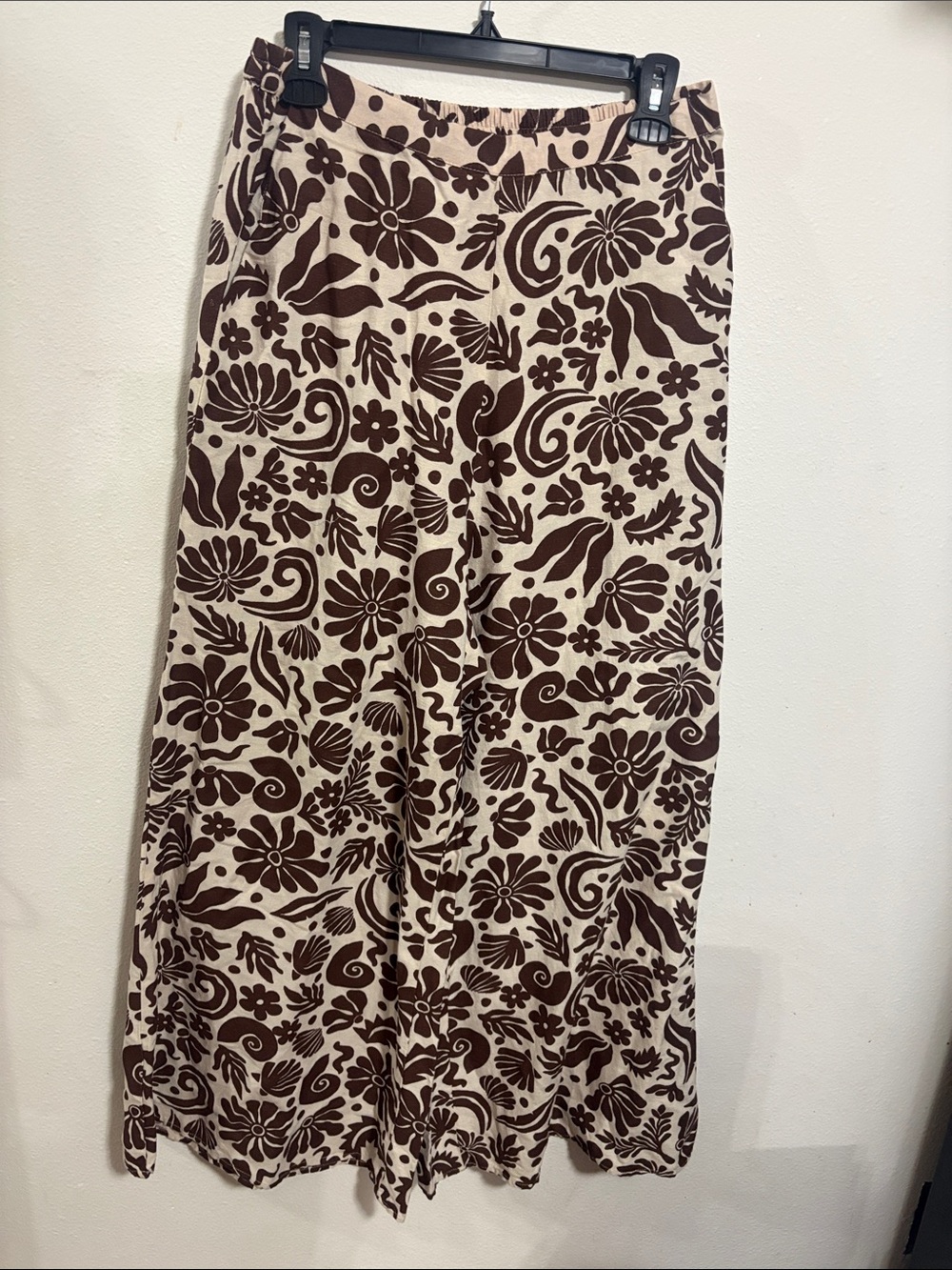 NWOT Midnight Sky Cream And Brown Floral Print Wide Leg Pants Size L